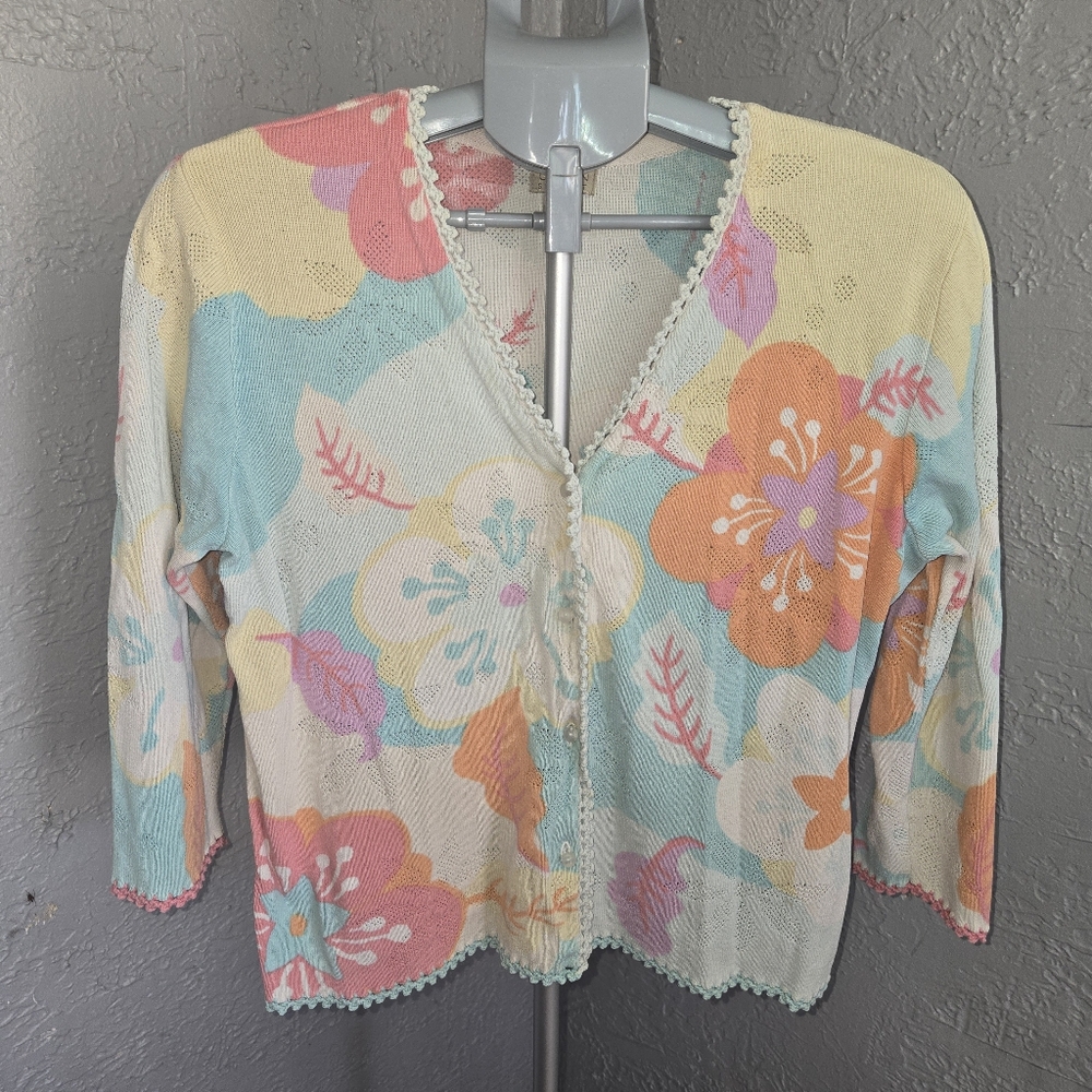Vintage Y2K Sigrid Olsen Floral Knit Women's Cardigan Sweater Pastel Granny